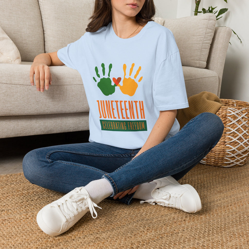 Juneteenth Poster T-Shirt — Green Orange White Modern Design